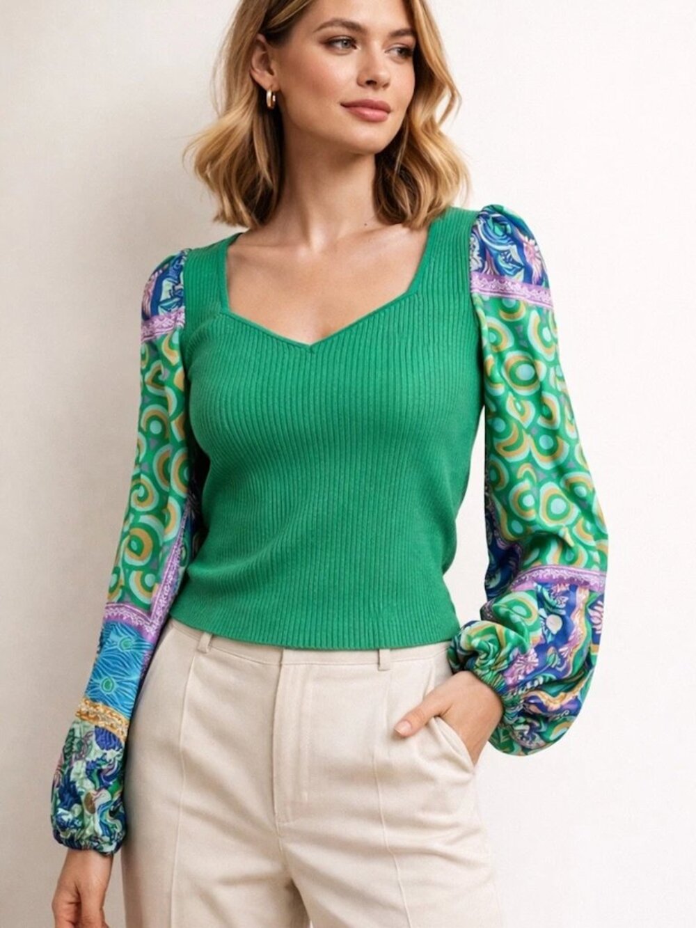 Bailey/44 | Green Ribbed Mixed Media Top with Patterned Balloon Sleeves, Size L